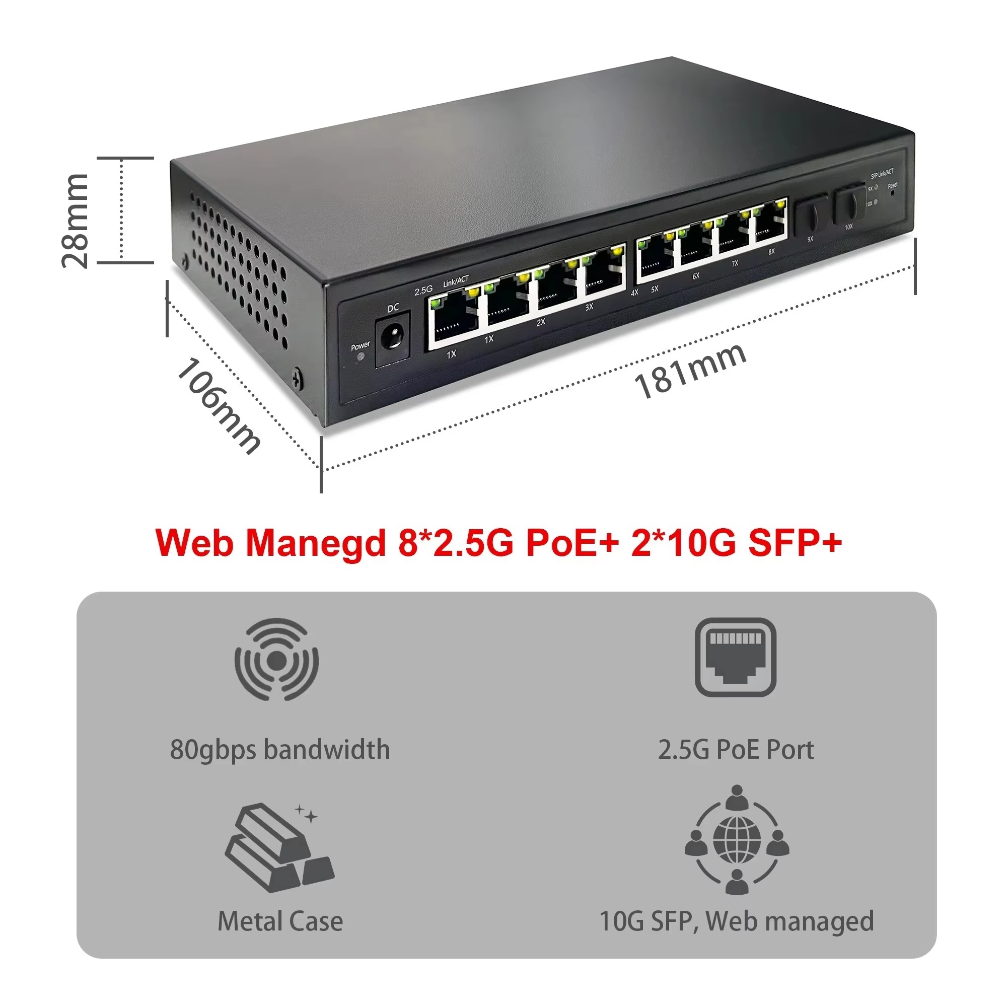 Sfp+ 10G Managed Switch 8 Port - สวิตช์ PoE แบบจัดการผ่านเว็บอัจฉริยะ 2.5G 8 พอร์ต
